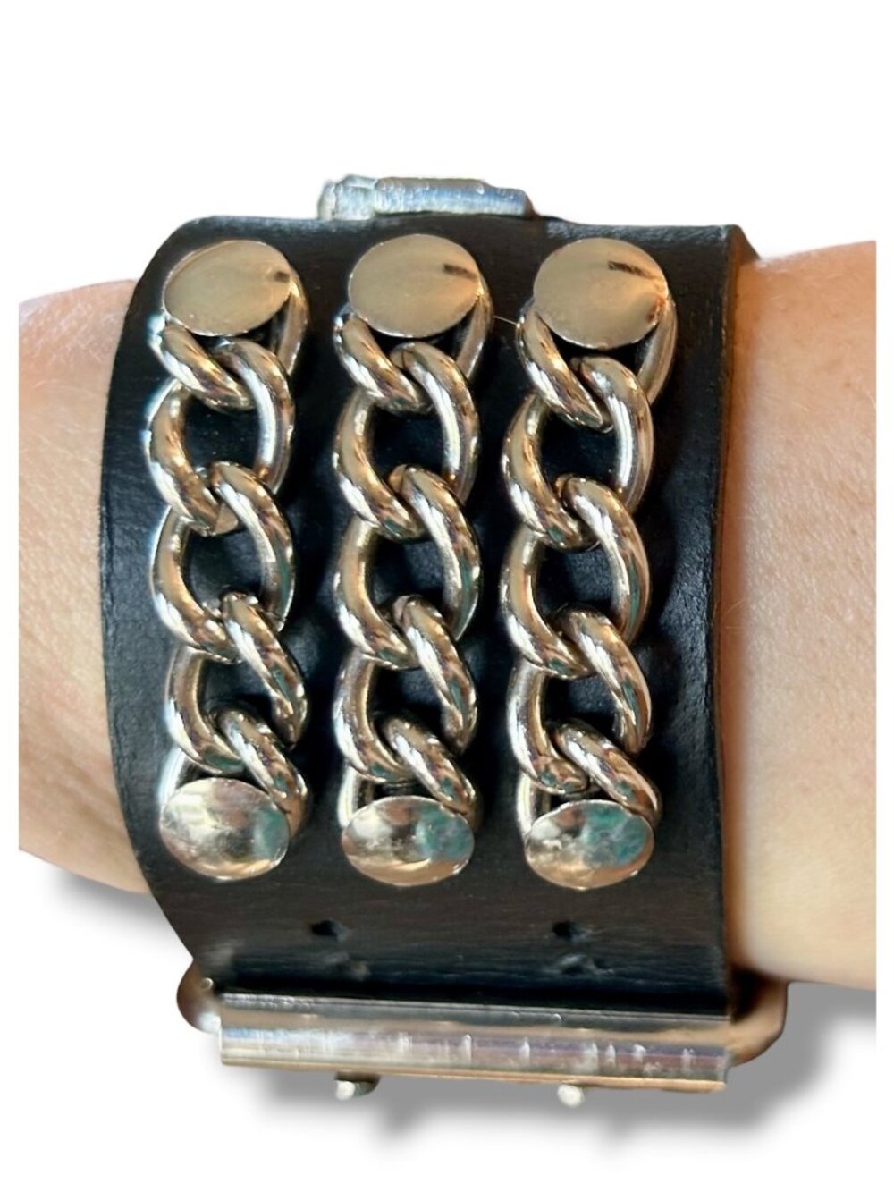 Harley-Davidson Black Leather Cuff Bracelet With Silver Chains Logo Design - Picture 2 of 6
